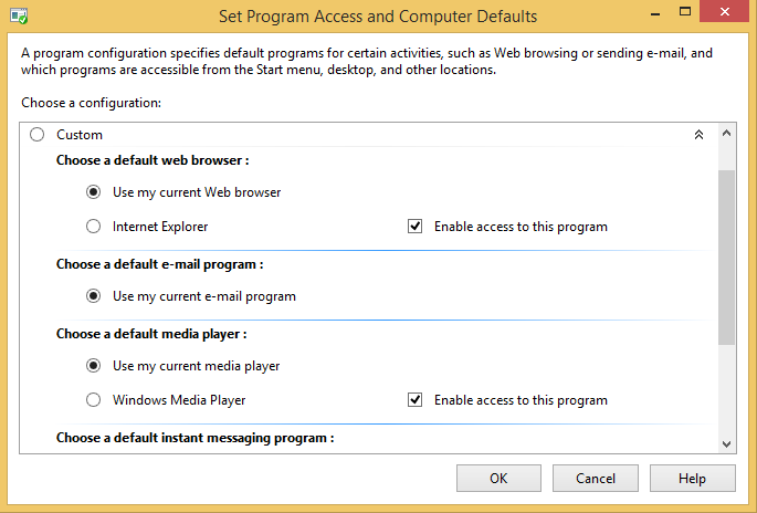 A screen shot of the Set Program Access And Computer Defaults dialog box.