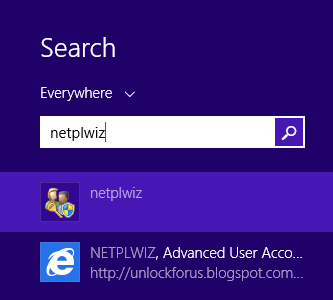 A screen shot of a search for the term netplwiz.