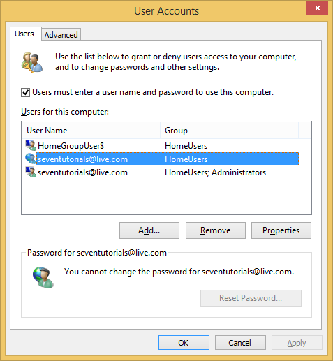 A screen shot of the User Accounts window.