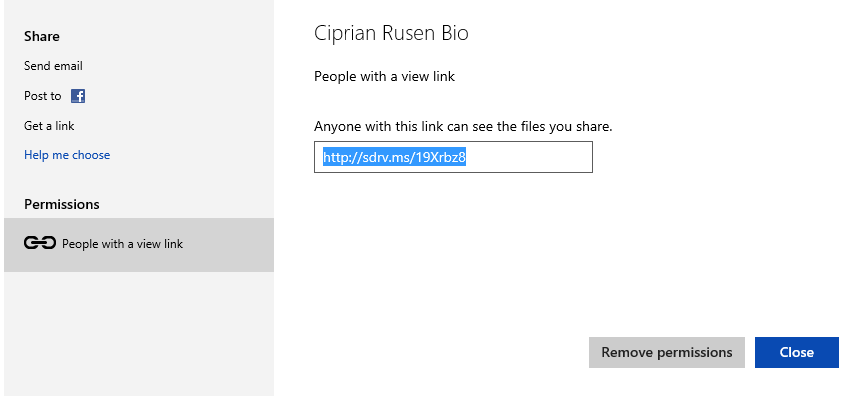 A screen shot of the sharing options on the SkyDrive website.