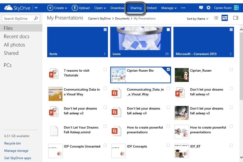 A screen shot of the Sharing button on the SkyDrive website.