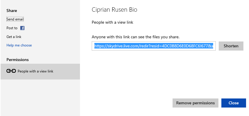 A screen shot of the window for generating a link with which people can access what you are sharing.