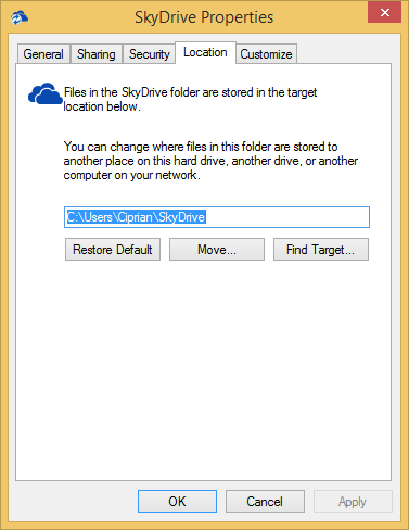 A screen shot of the Properties dialog box for the SkyDrive folder.