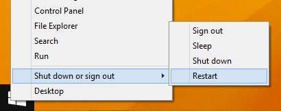 A screen shot of the path to restart your computer: select Shut down or sign out and click Restart. Often, restarting the computer resolves simple problems.