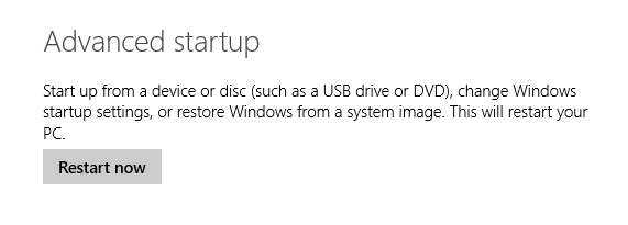 A screen shot of the Advanced Startup options, used to start up from a device such as a USB drive or a DVD.