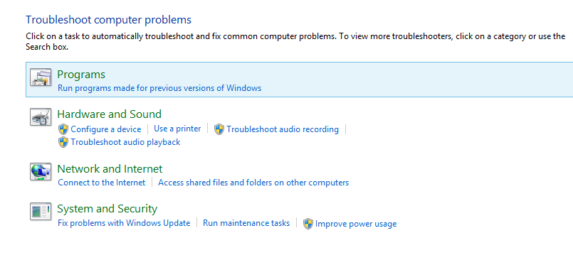 A screen shot of the Programs option highlighted in the Troubleshoot computer problems menu.