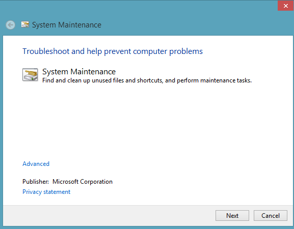 A screen shot of the System Maintenance dialog box. Use the available wizards to troubleshoot problems and offers solutions, and to run maintenance checks. The available system maintenance wizards can discover and help resolve problems and perform maintenance tasks.