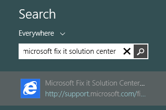 A screen shot of a search for the Microsoft Fix It Solution Center.