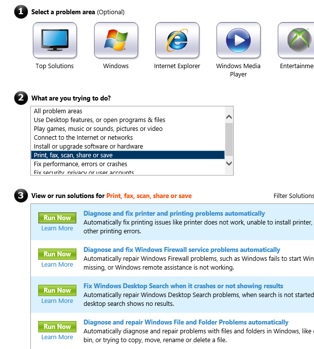 A screen shot of the solution options. The Microsoft Fix It Solution Center offers automated solutions that will fix problems for you.