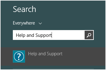 A screen shot of a search for Help and Support. Search for Help and Support to view help and support options and to access them.