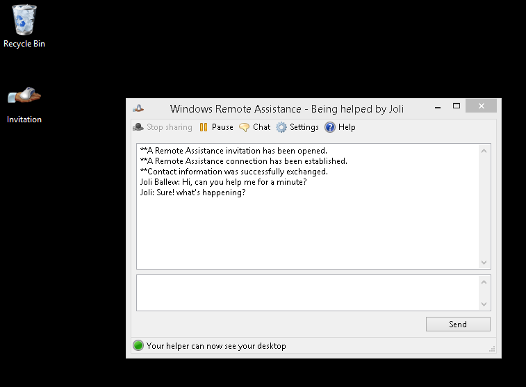 A screen shot of the Windows Remote Assistance chat window.