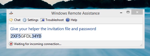 A screen shot of the Windows Remote Assistance window showing invitation password.