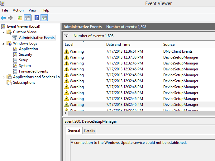 A screen shot of the Event Viewer with a list of Administrative Events. Event Viewer offers information about warnings, critical events, and errors that can help you resolve difficult-to-diagnose problems.