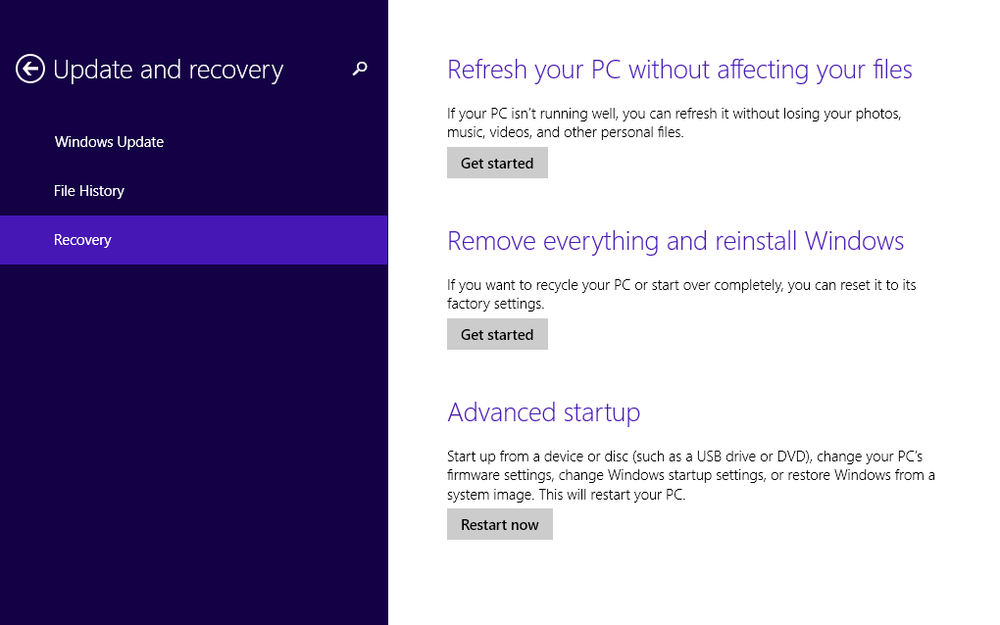 A screen shot of the Update And Recovery window with Recovery highlighted.