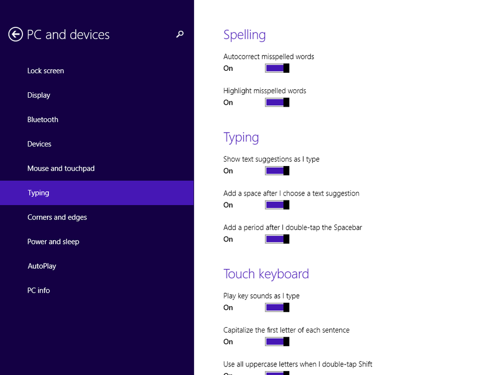 Use PC Settings to change typing options.