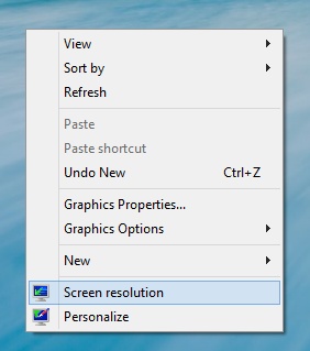 A screen shot of the shortcut menu with Screen resolution selected.