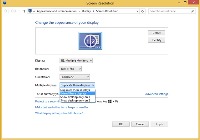 A screen shot of the Screen Resolution window where you can configure settings for both monitors.