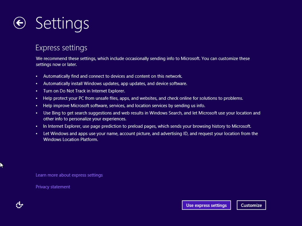 A screenshot of the Settings window, during the Windows 8.1 installation.