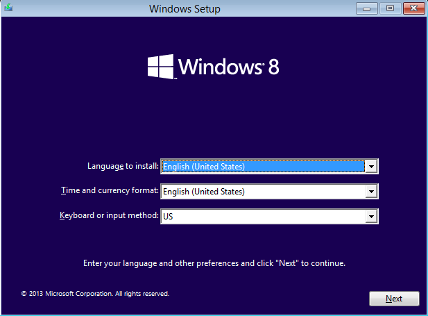 A screen shot of the Windows Setup boot menu, asking for language, time, current and keyboard input settings.