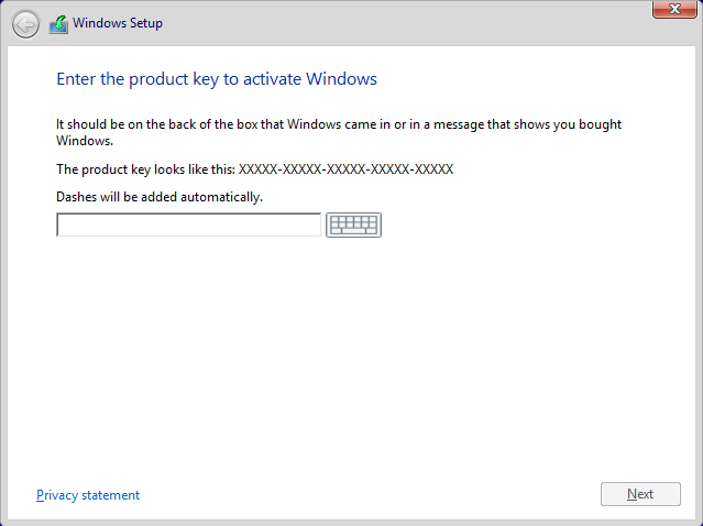 A screen shot of the Windows Setup boot menu, asking for the product key.