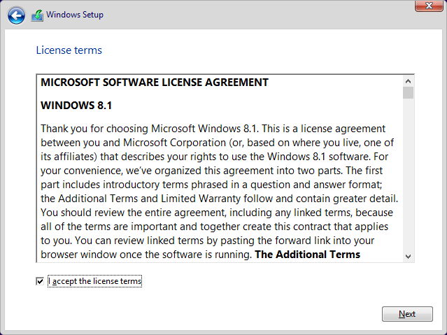 A screen shot of the Windows Setup boot menu, displaying the license terms.