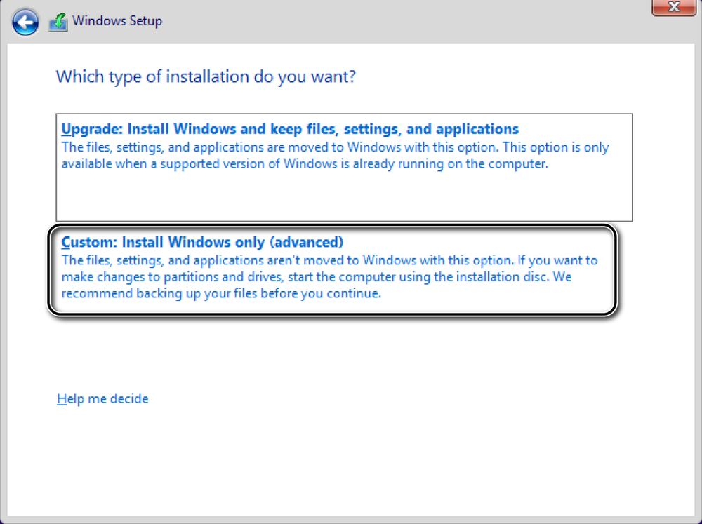 A screen shot of the Windows Setup boot menu, asking which type of installation you want.