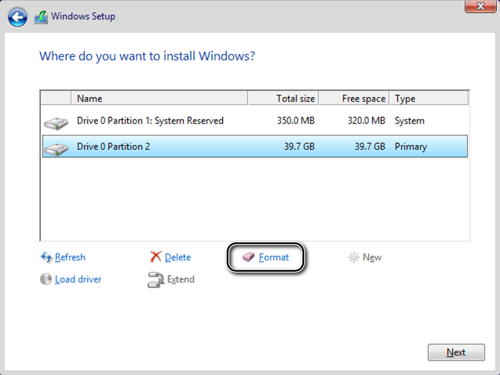 A screen shot of the Windows Setup displaying your partitions.