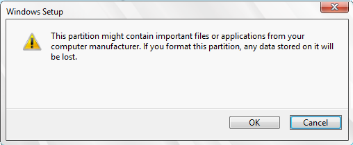 A screen shot of the Windows Setup boot menu, sharing what it means to format a partition.