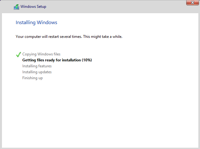 A screen shot of the Windows Setup boot menu, displaying the progress of the installation.