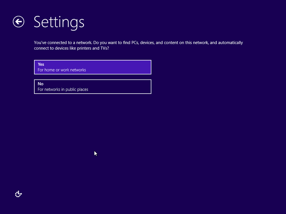 A screen shot of the Settings window, asking whether you want to find PCs, devices, and content on your network.