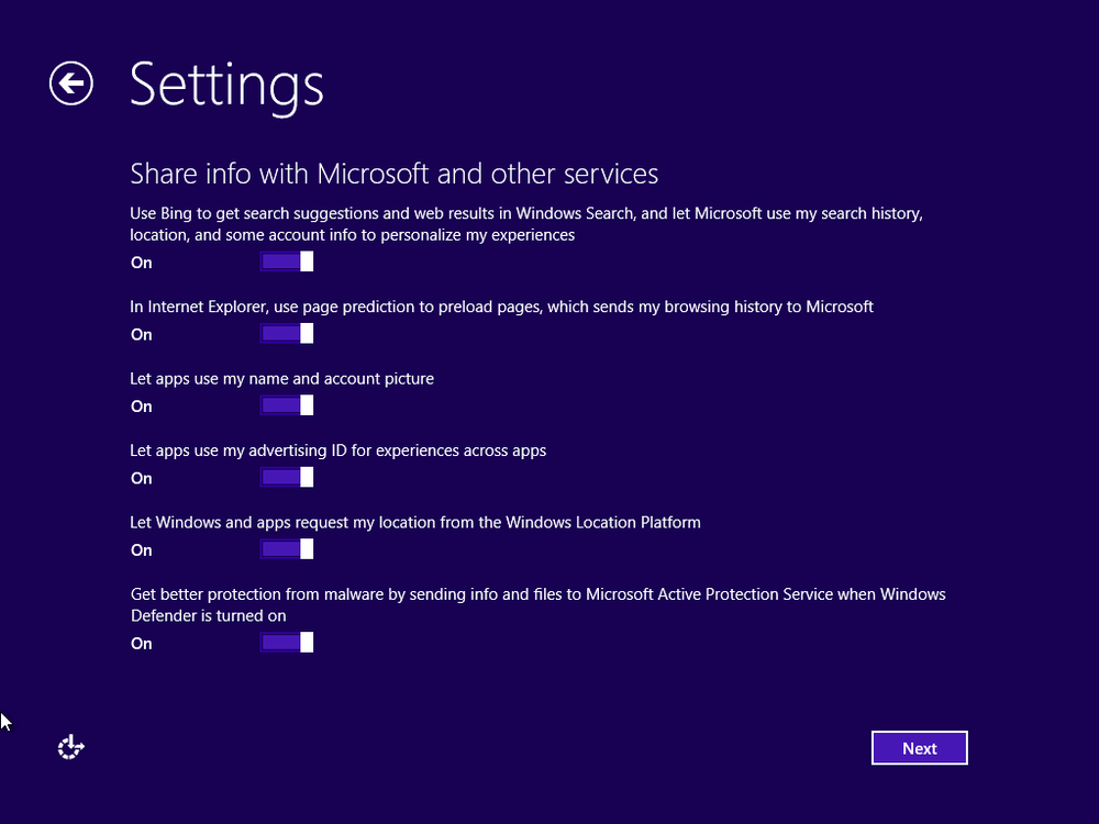 A screen shot of the Settings window, asking if you want to share info with Microsoft.