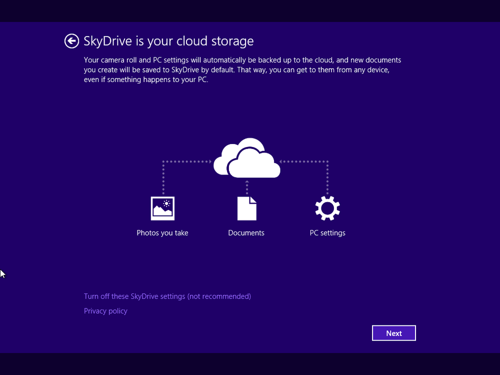 A screen shot of the page where you decide if you want to use SkyDrive.