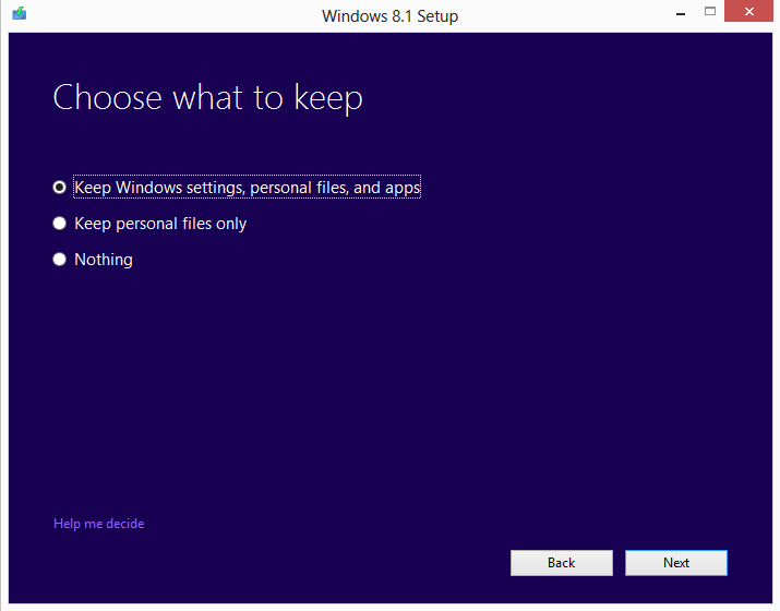 A screen shot of the Windows Setup window, asking you what to keep.