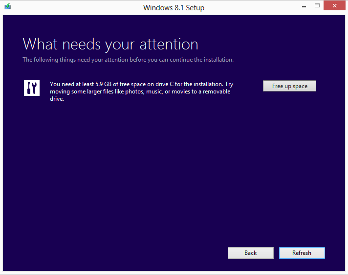 A screen shot of the Windows Setup window, sharing why you can’t run Windows 8.1.