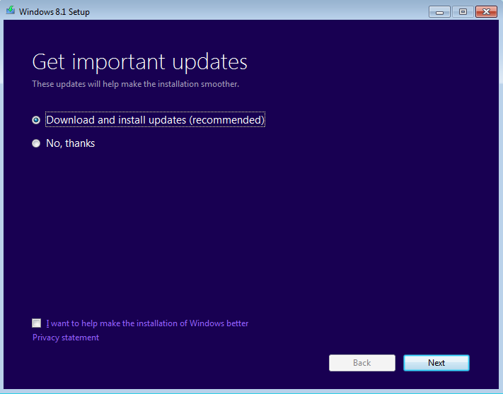 A screen shot of the Windows Setup boot menu, asking if you want to get the latest updates.