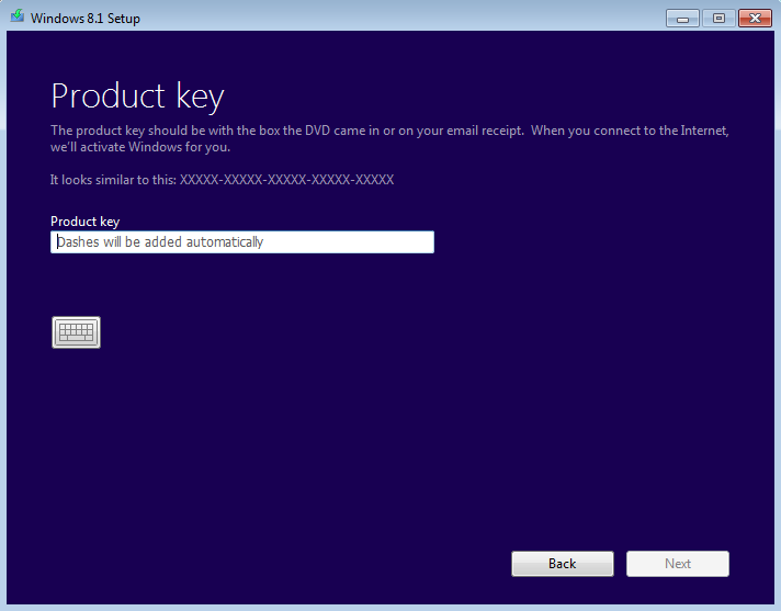 A screen shot of the Windows Setup boot menu, asking for the product key.