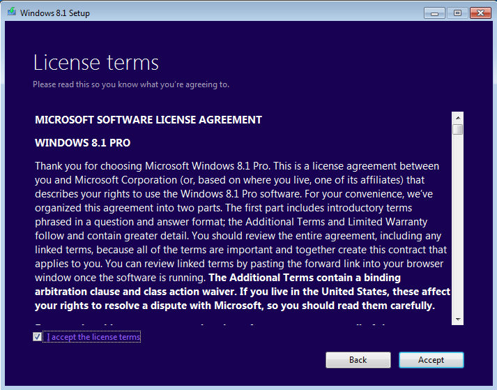 A screen shot of the Windows Setup boot menu, displaying the license terms.