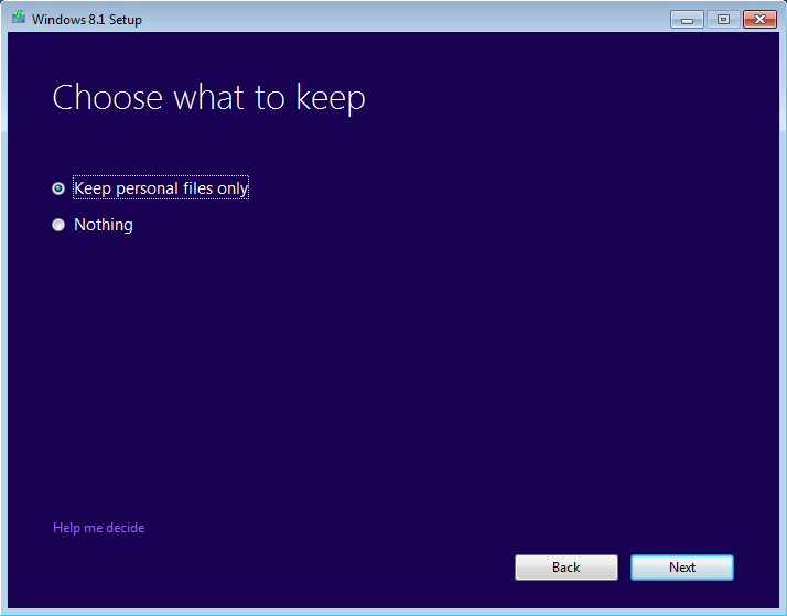 A screen shot of the Windows Setup boot menu, where you choose what files to keep.