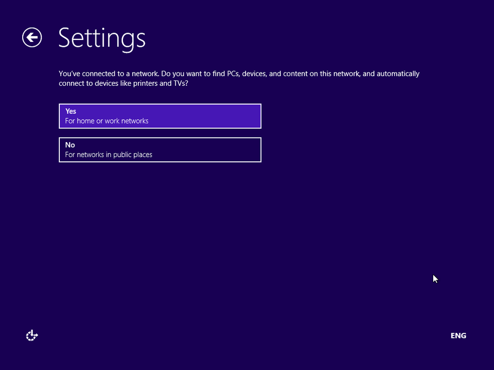 A screen shot of the Settings window, asking whether you want to find PCs, devices, and content on your network.