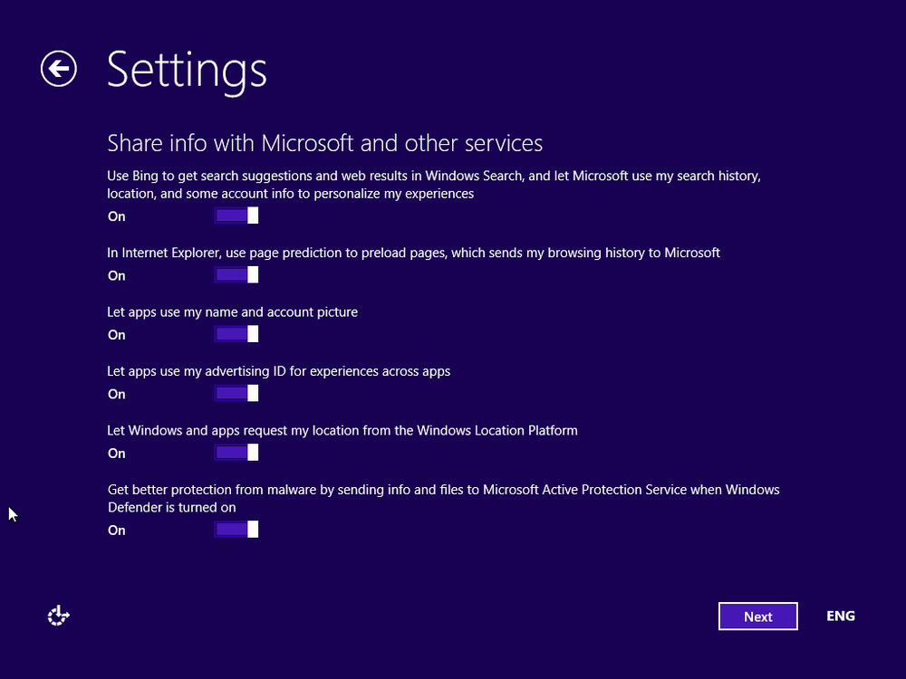 A screen shot of the Settings window, asking if you want to share info with Microsoft.