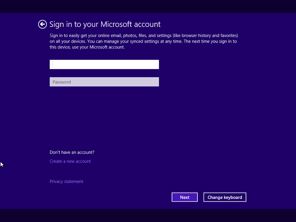 A screen shot of the page where you are asked for a Microsoft Account to sign in.