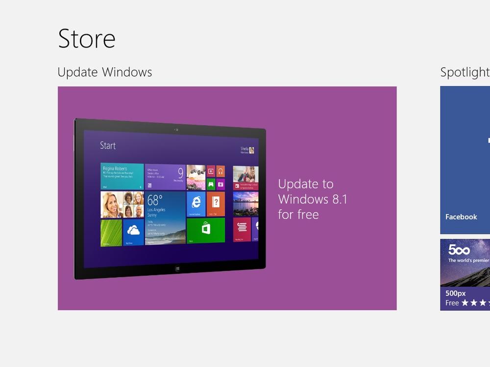 A screen shot of the Windows Store recommending a Windows update.