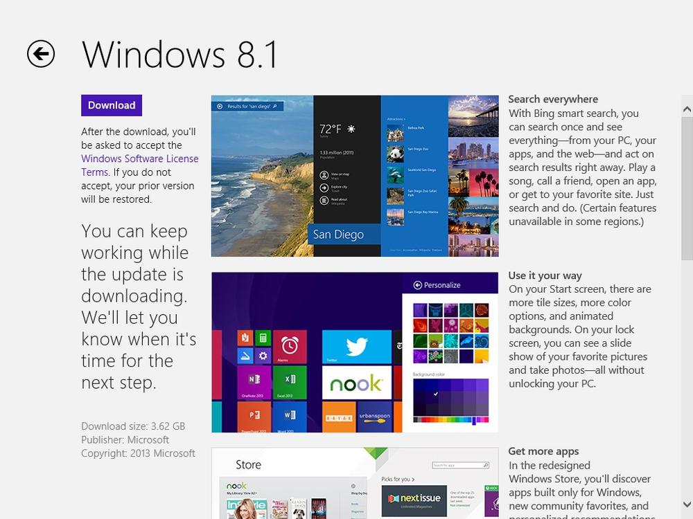 A screen shot of information about Windows 8.1, its main features and requirements.