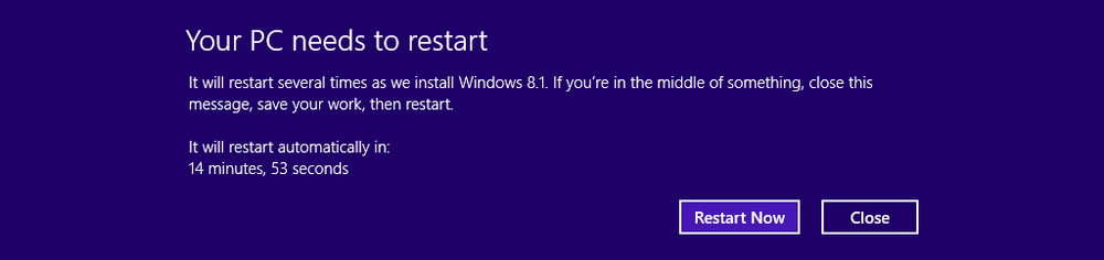 A screen shot of a prompt to restart your PC.