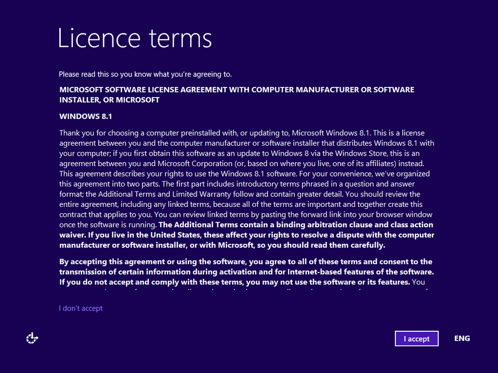 A screen shot of a prompt with the Windows 8.1 license terms.