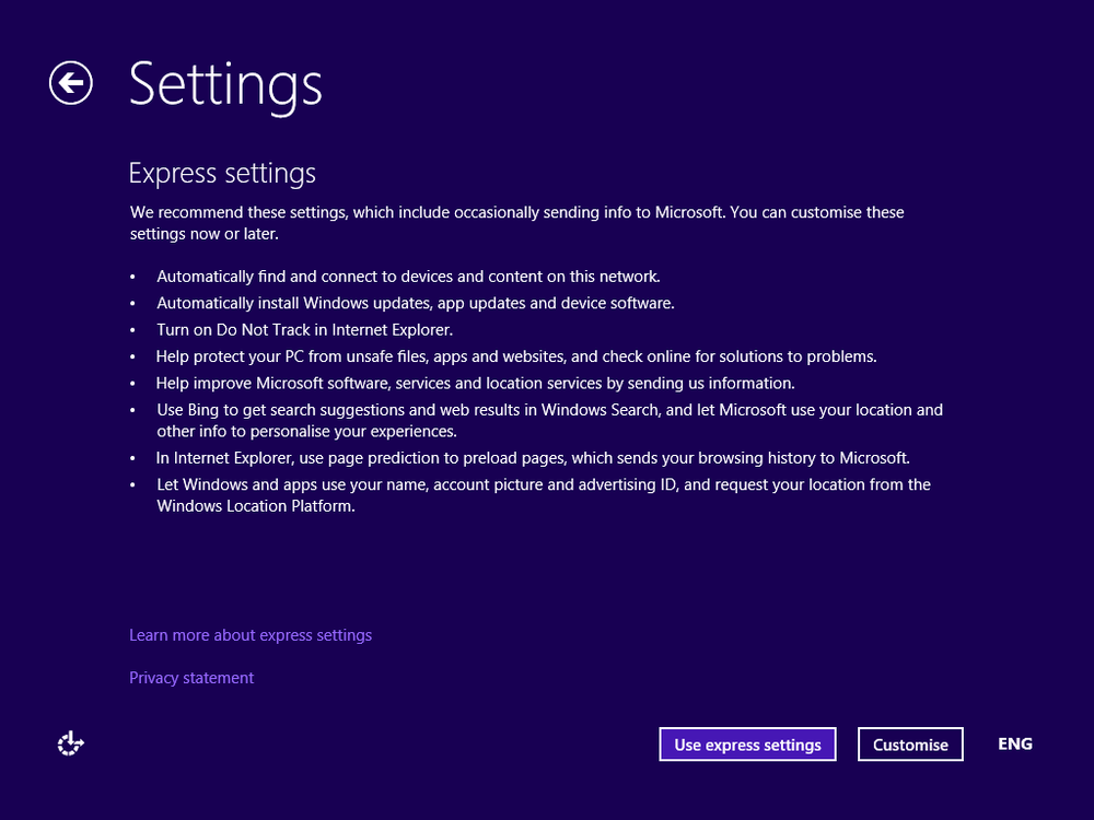 A screen shot of the Settings window displaying the Express Settings option.