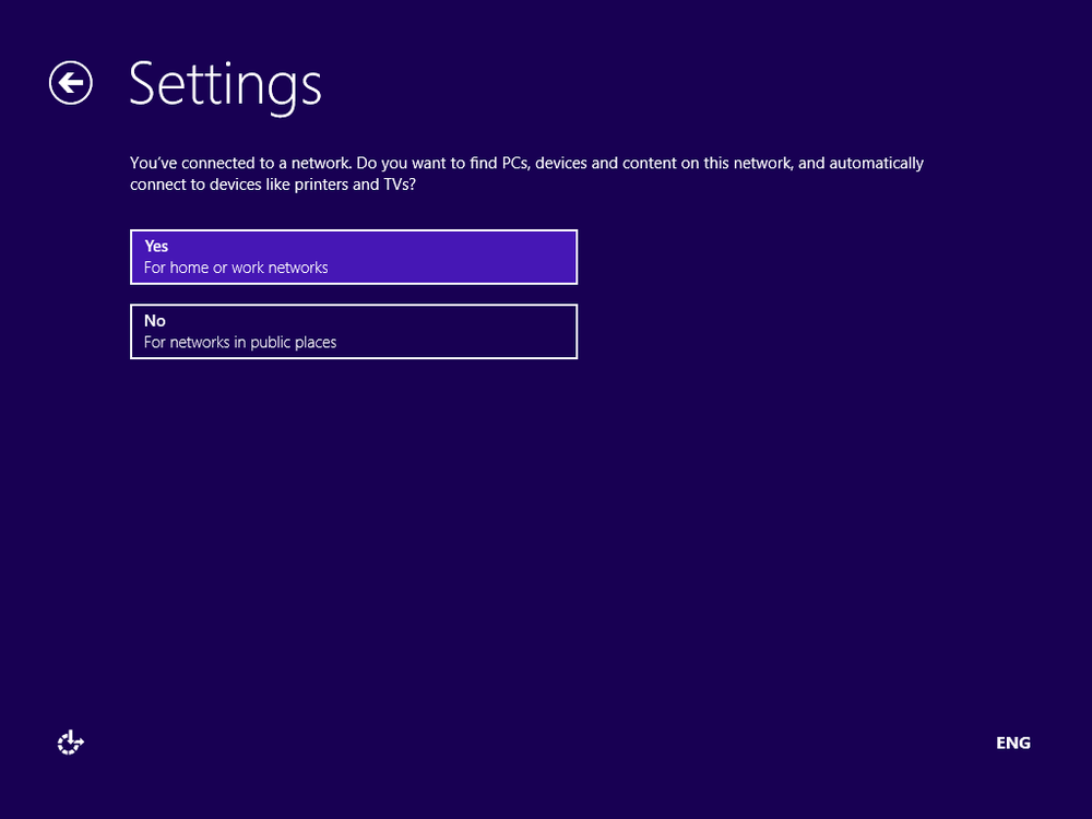 A screen shot of the Settings window asking if you want to find PCs, devices, and content on your network.