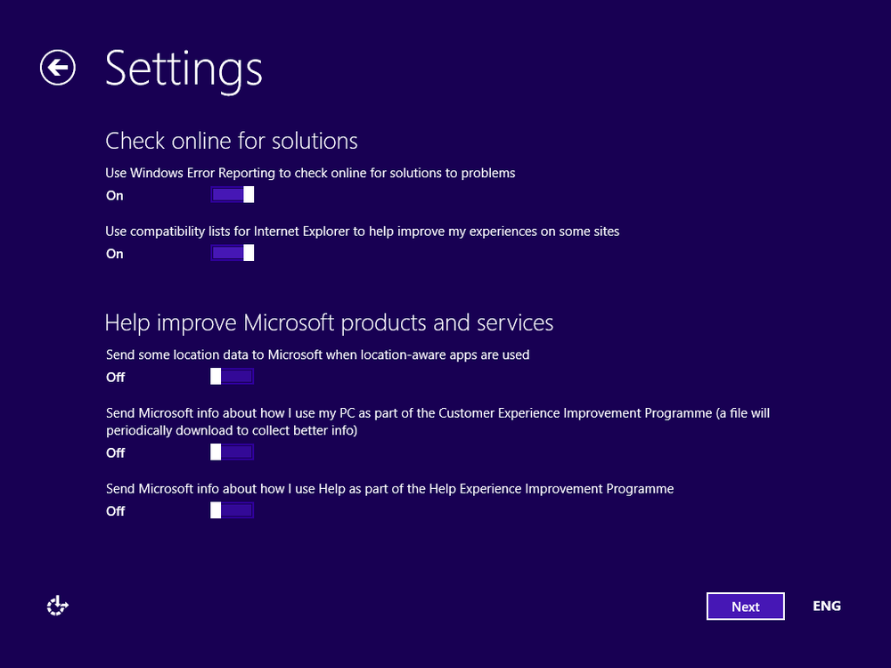 A screen shot of the Settings window displaying the options for checking online for solutions and helping Microsoft improve its products and services.