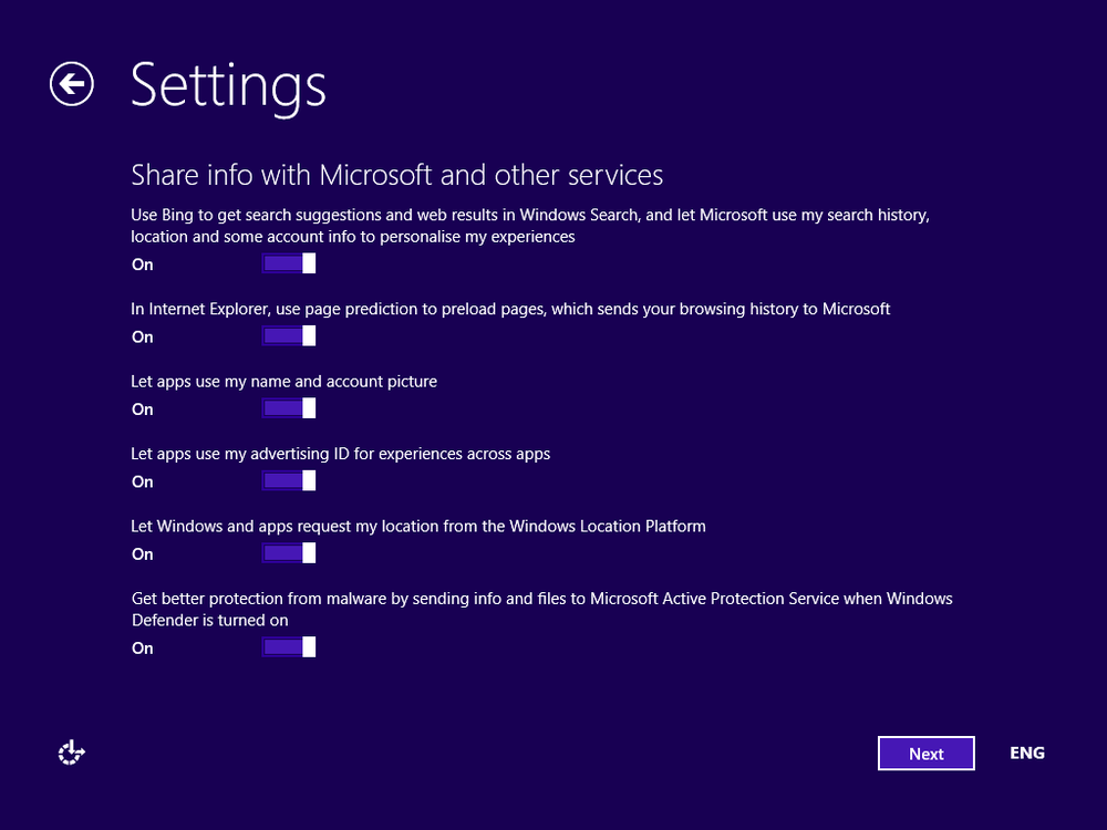 A screen shot of the Settings window displaying your options for sharing information with Microsoft and other services.