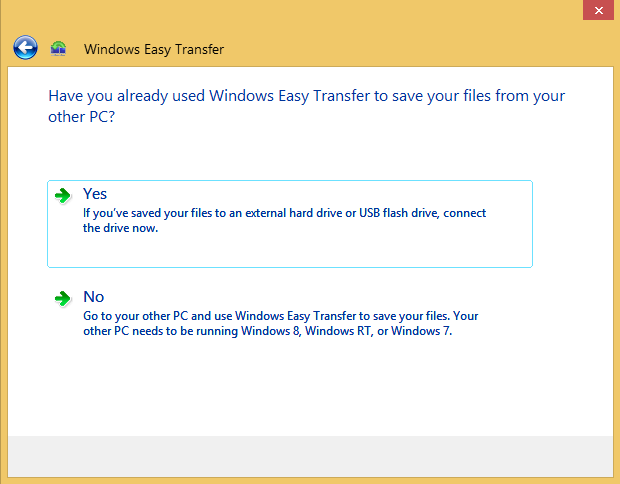 A screenshot of the Windows Easy Transfer wizard asking if you used this tool already.